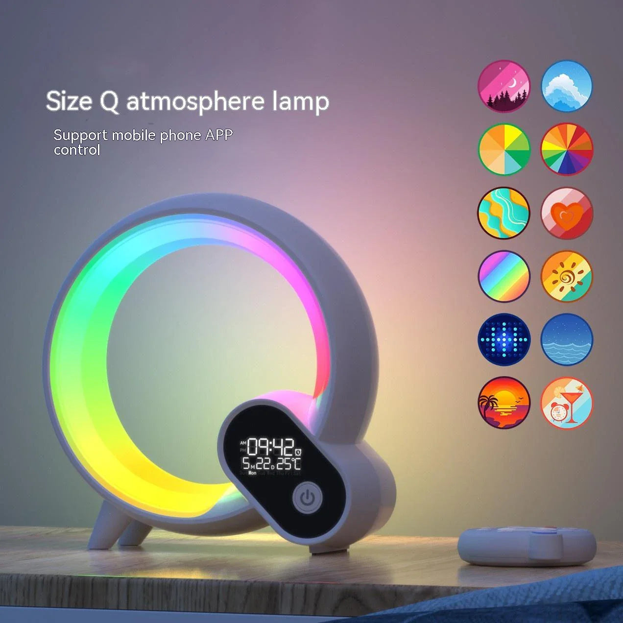 Intelligent sunrise alarm clock with color-changing atmosphere light, remote control, and smartphone app integration