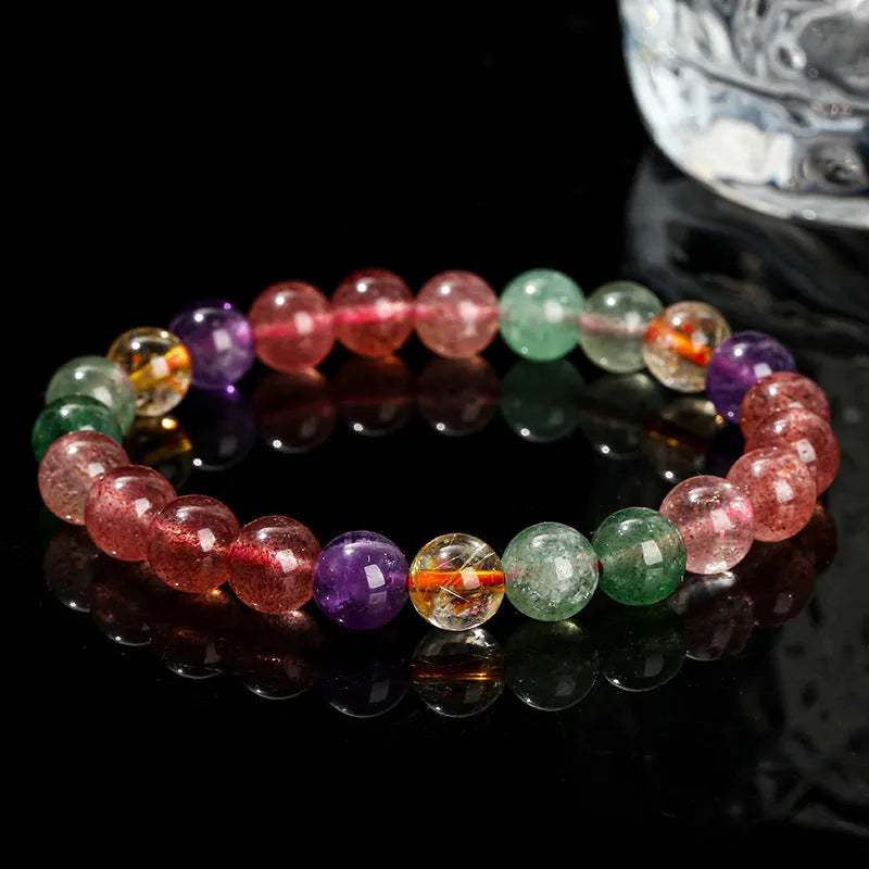 Natural tourmaline colour strawberry quartz bracelet with round geometric beads.