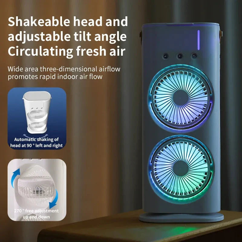 Portable Dual-Headed Evaporative Humidifier Fan with Adjustable Airflow, Quiet Operation, and Compact Design