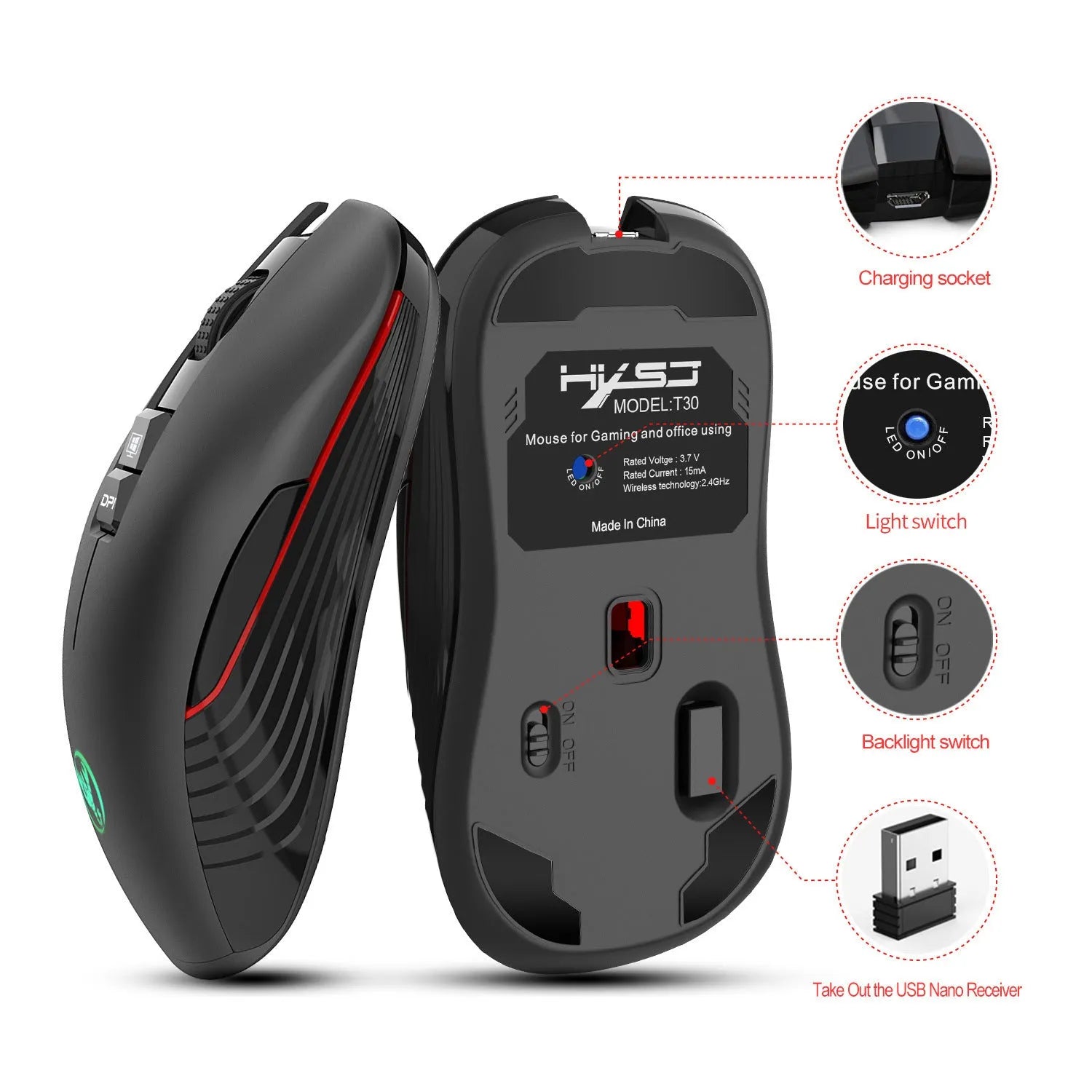 Black ergonomic wireless gaming mouse with multi-colour breathing LED lights on a desk.