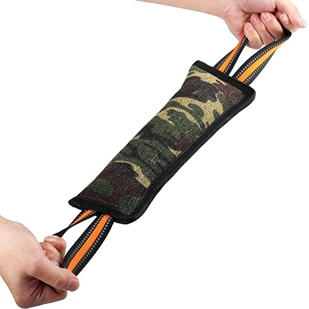 Long jute dog bite stick with reflective yellow edges on a grey background.