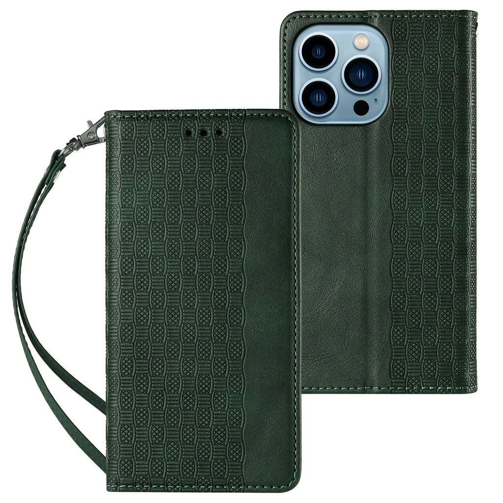 Embossed leather flip phone case in black for iPhone, showing front cover closed.