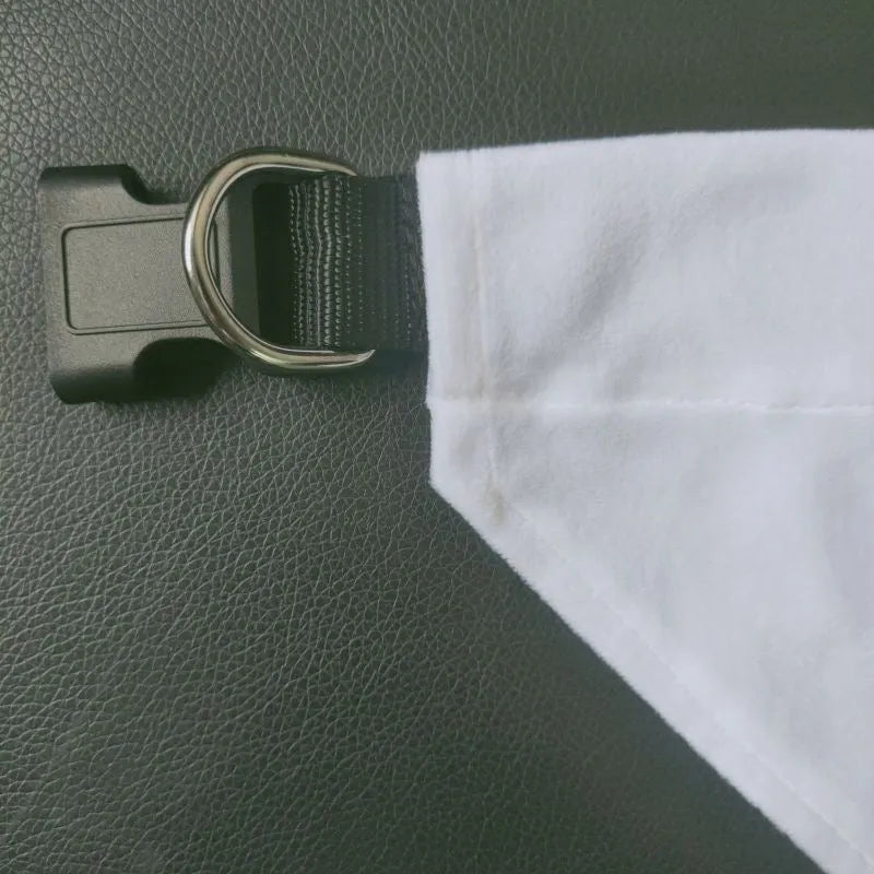 Blank white polyester dog bandana scarf laid flat, showing its triangular shape.