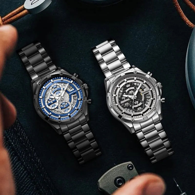 Men's waterproof quartz watch with luminous hands and stainless steel band in three colour options