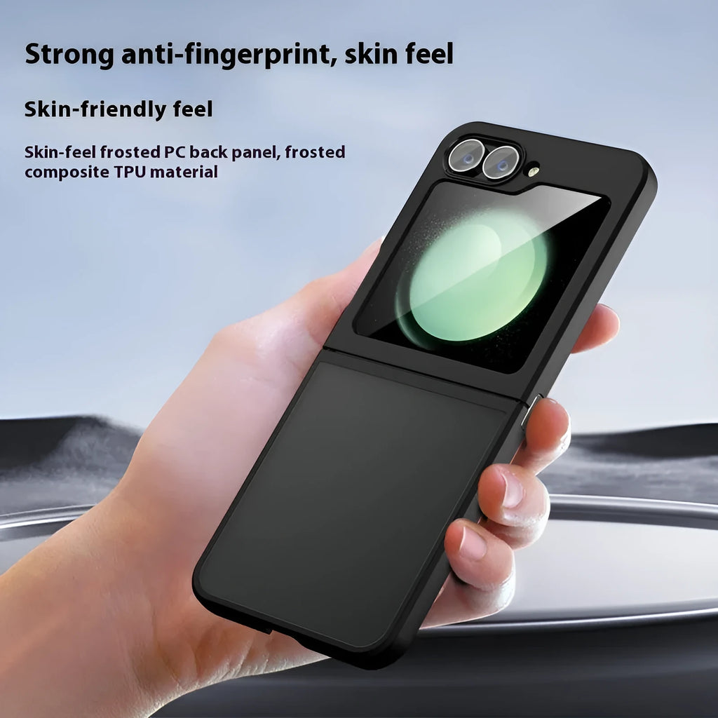 Frosted TPU PC Samsung Z Flip phone case with hardware connecting shaft in matte black and transparent black