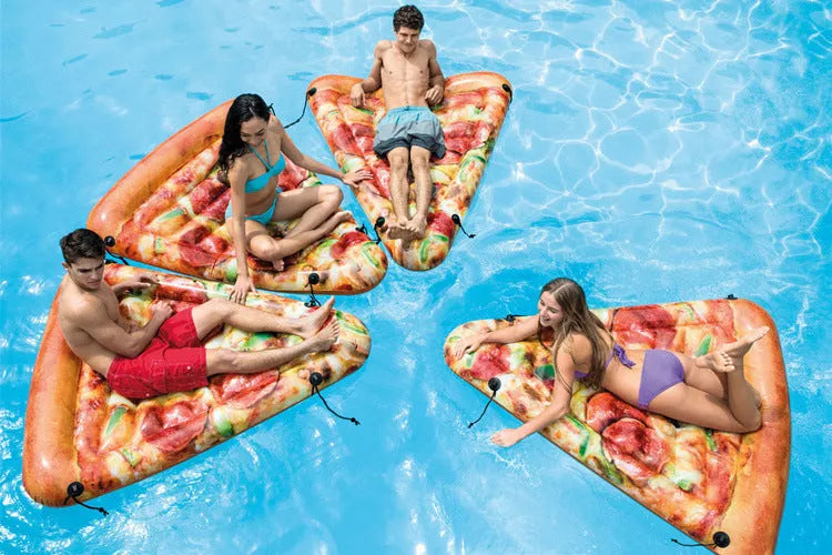 Pizza-themed inflatable surfboard float measuring 175cm by 145cm for pool and beach water recreation