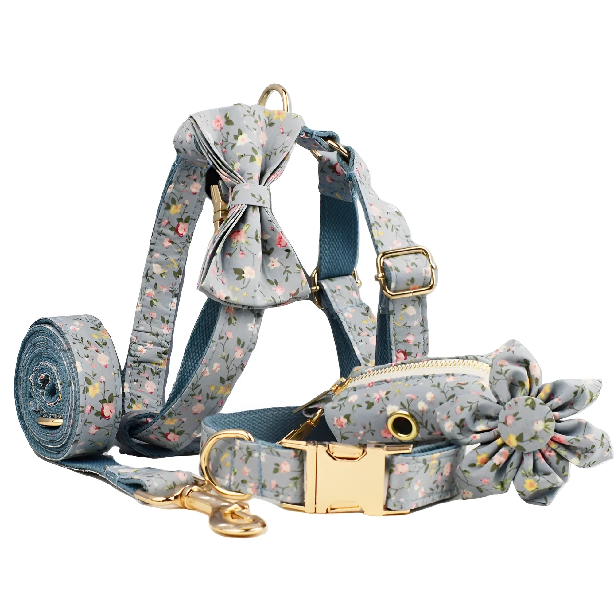 Blue floral polyester cotton dog collar set with matching leash, bow, vest and waste bag holder accessories