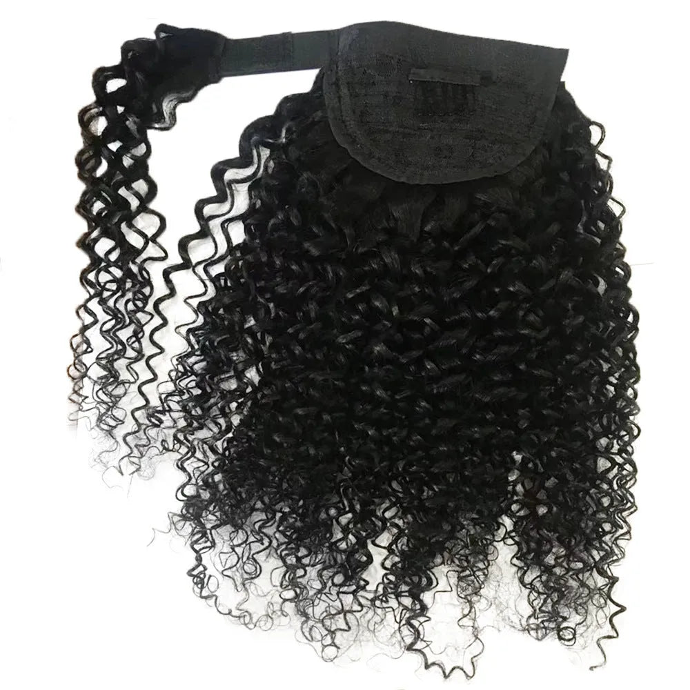 Real Human Hair Velcro Ponytail Kinky Curly Natural Colour Ladies Tresses Extension 8-28 Inch Medium Long Hair Machine Weft Detachable Ponytail Piece