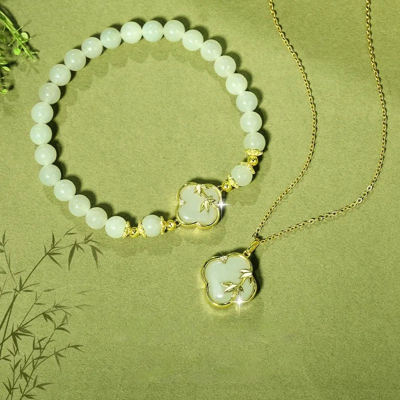 Hetian Jade bracelet and necklace set with bamboo newspaper tone colour and leaf design