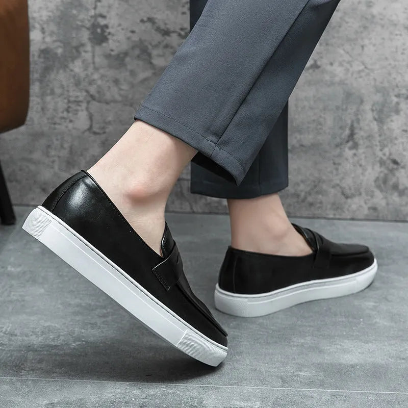 Plus size men's board shoes in black with round toe, flat heel, and artificial PU upper