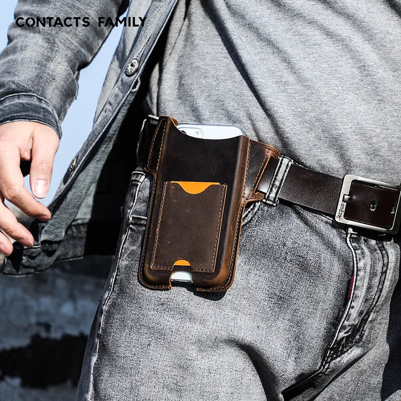 Crazy Horse leather belt phone case in brown or black for iPhone 12 Pro Max, genuine leather with patterned finish