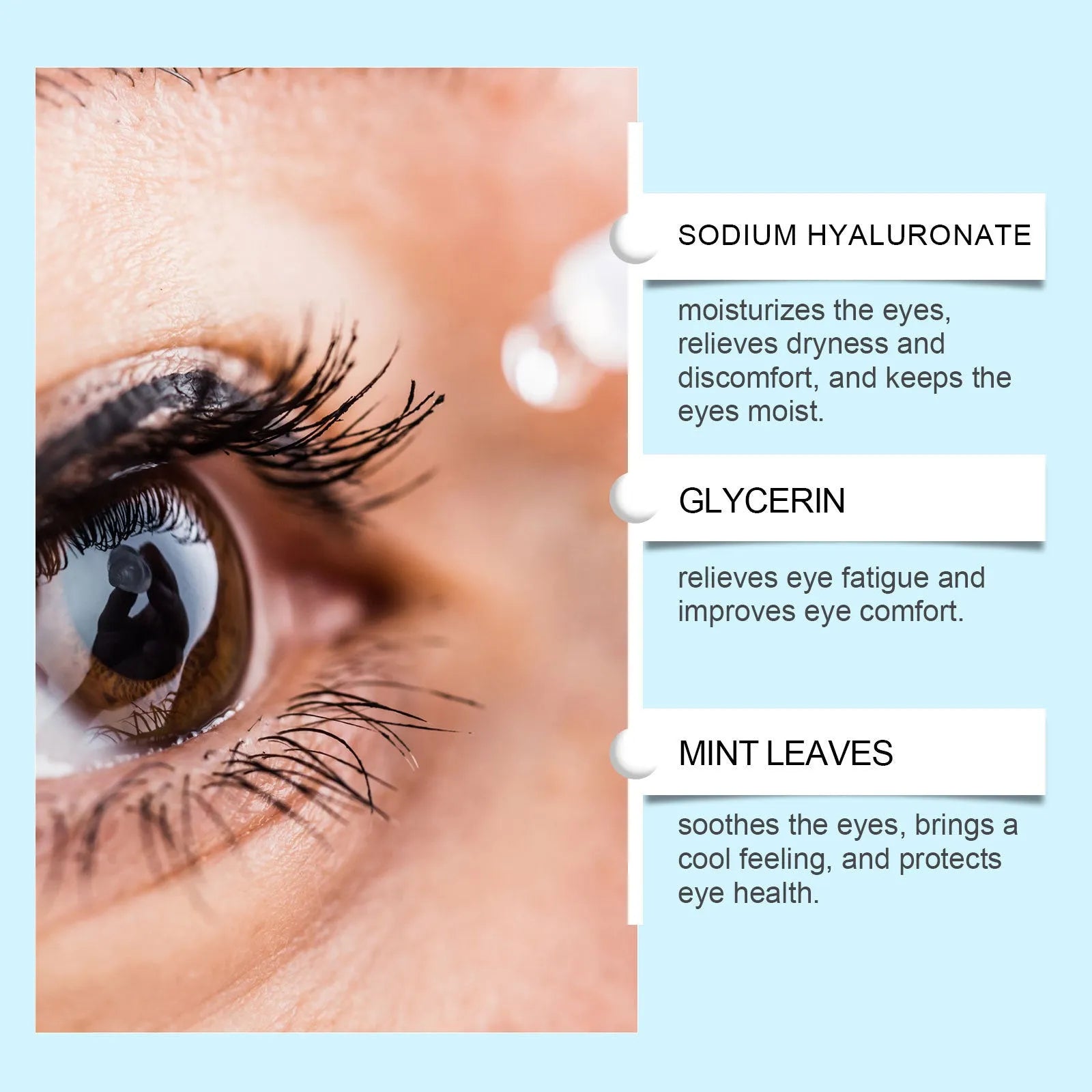 Bright and gentle care moisturising eye drops bottle with sodium hyaluronate and mint leaf