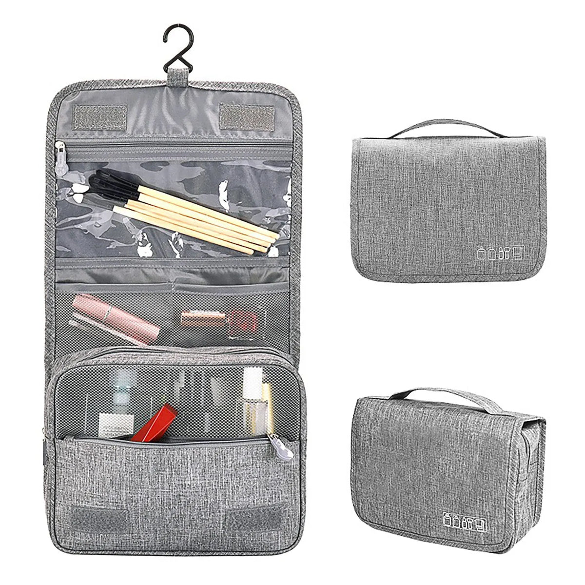 Waterproof nylon hanging toiletry bag with four zippered compartments and swivel hook, available in six colours.