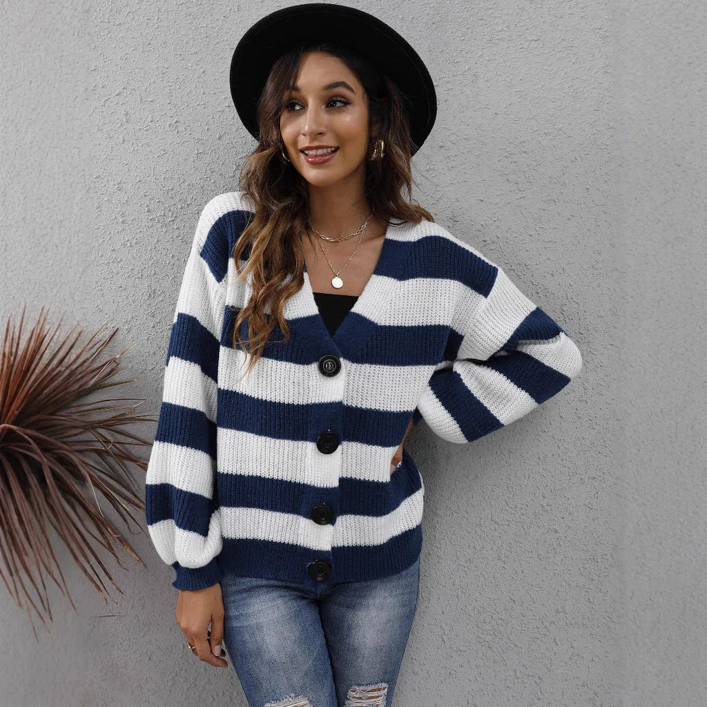Women's striped button-front cardigan in deer plush fabric available in four colours.