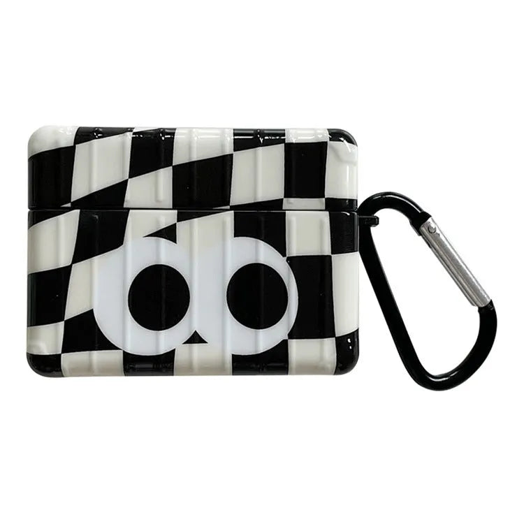 Checkerboard black and white grid TPU protective cover with large cartoon eyes for AirPods 1 2 3