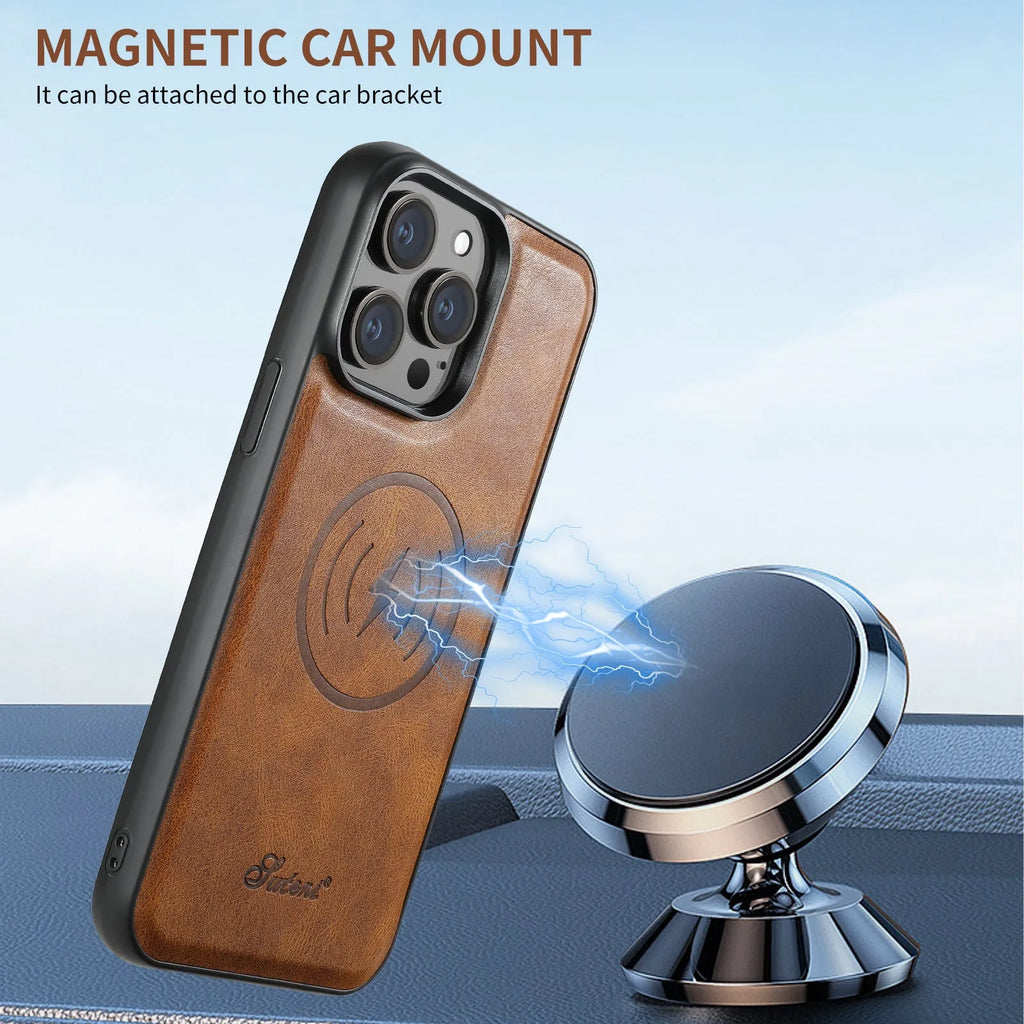 Black silicone Magsafe iPhone case with built-in rear card holder and oil wax pattern finish.