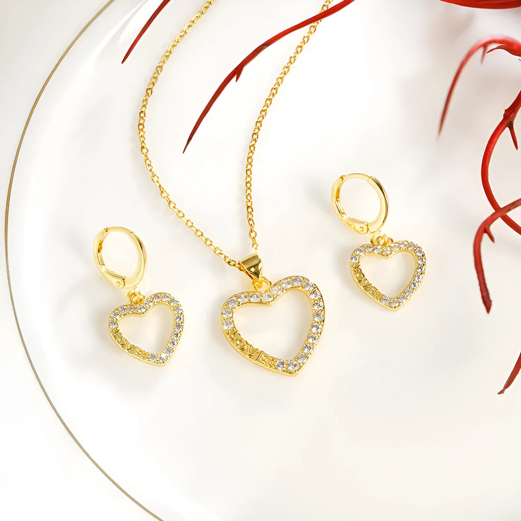 Heart-shaped copper alloy necklace and ear studs set with electroplated finish, O-ring chain, and butterfly design