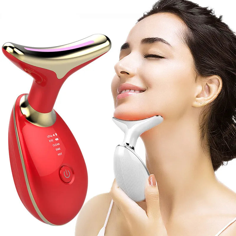Black and silver EMS thermal neck lifting massager with LED lights on a skincare shelf.