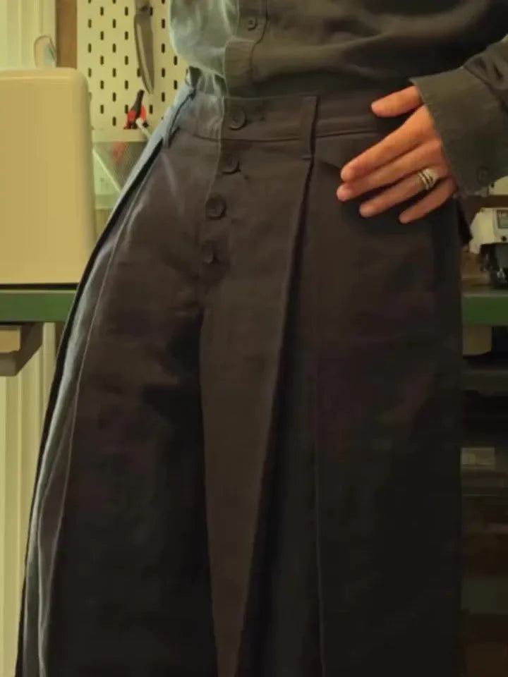 Black casual single-breasted linen wide-leg pants, full-length, regular fit, sizes S to 2XL.