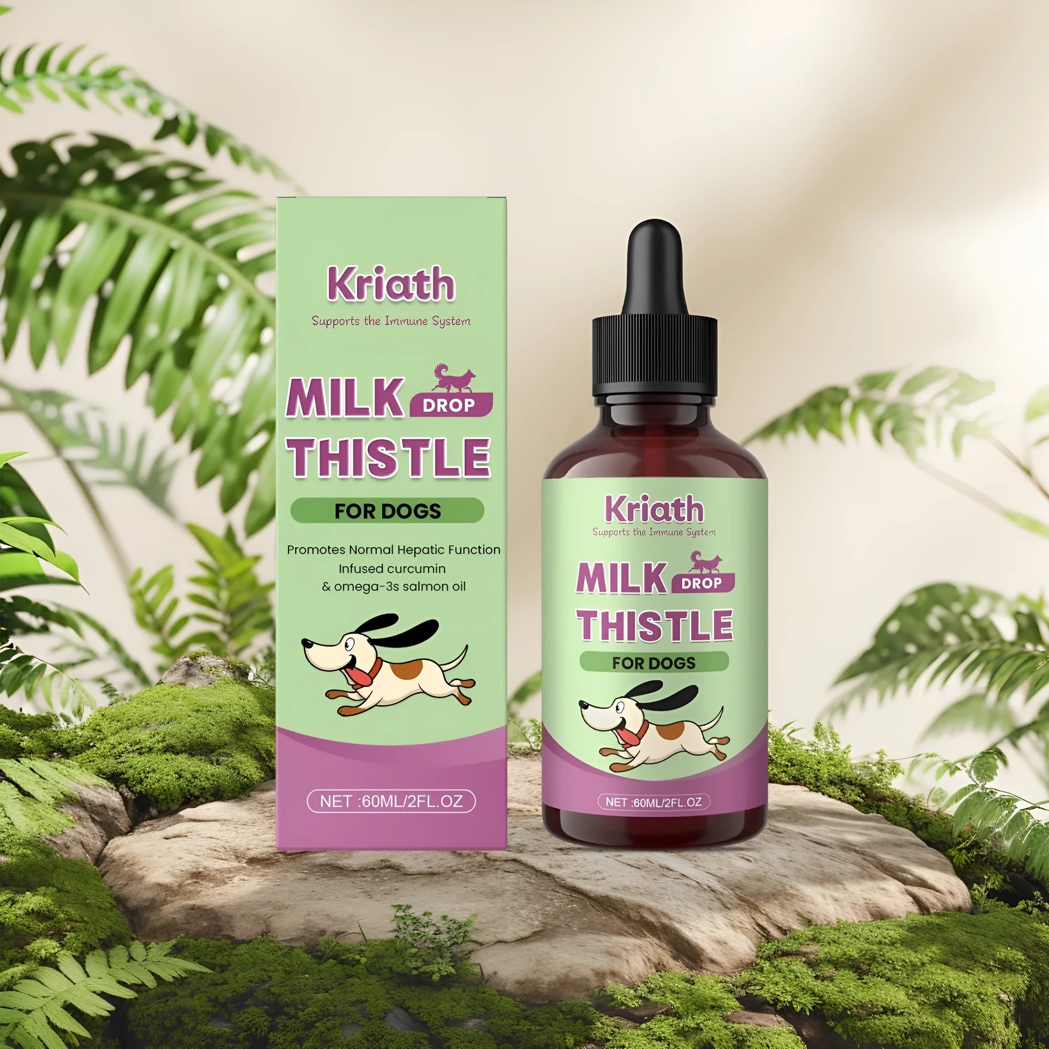 60ml bottle of dog milk thistle extract and omega-3 nutrient solution liquid.