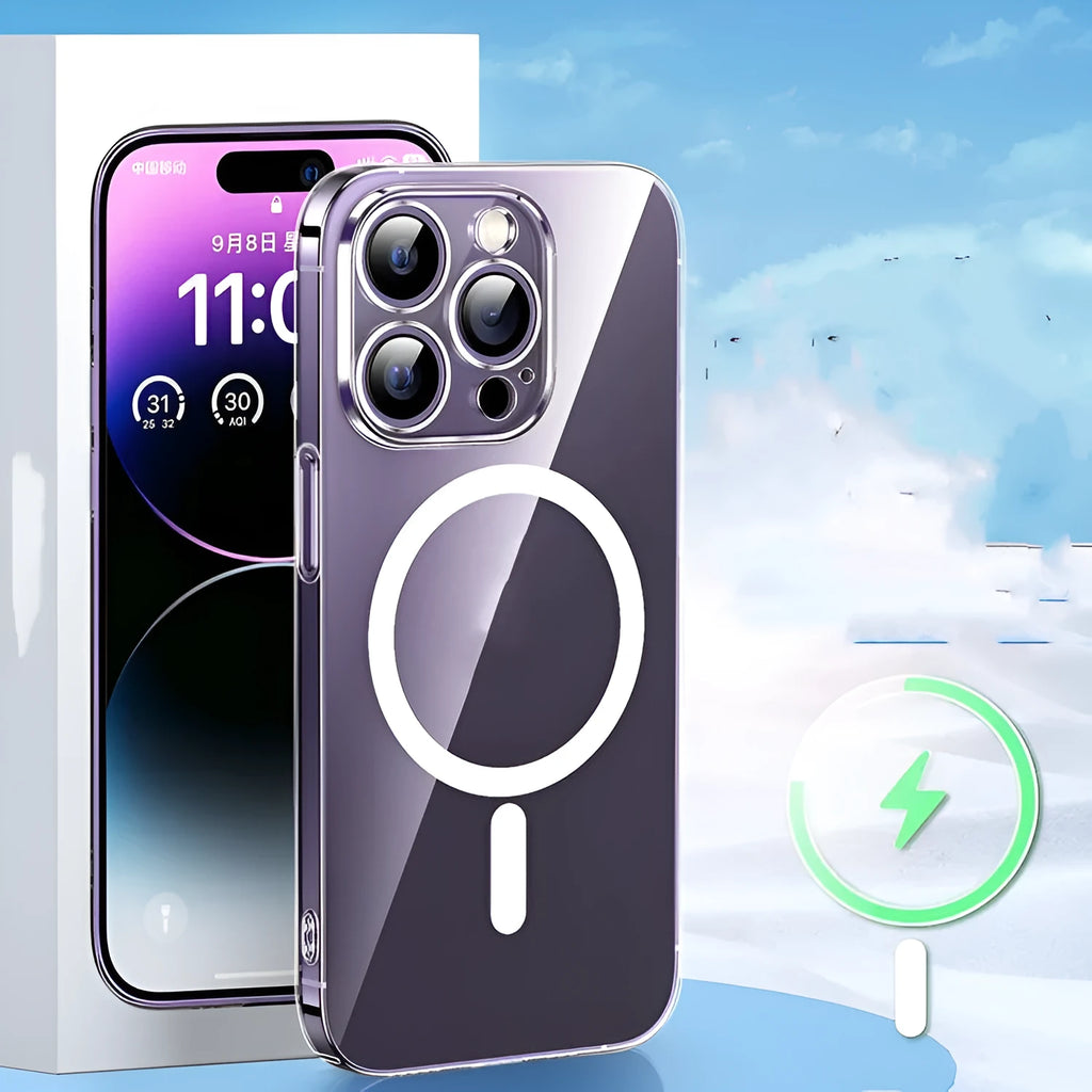Transparent all-inclusive phone case for iPhone 14 series with strong magnetic attraction and anti-yellow material