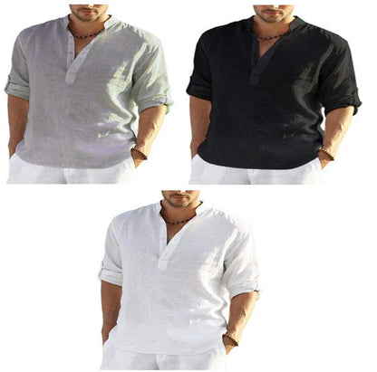 Stylish casual cotton and linen men's shirt with stand collar in various colors