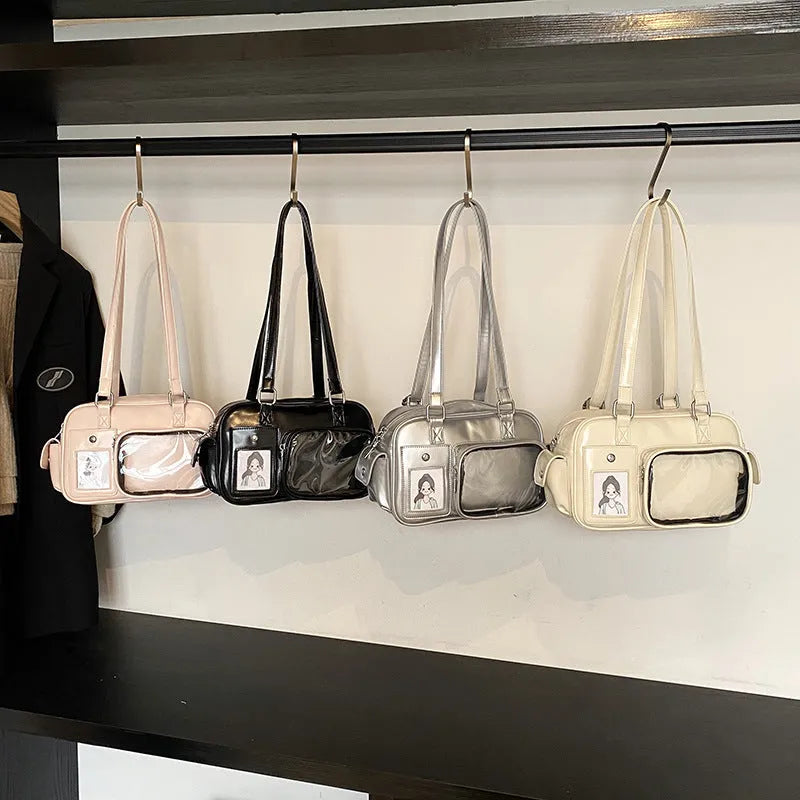 Large capacity transparent cartoon crossbody backpack in white with sewing thread details