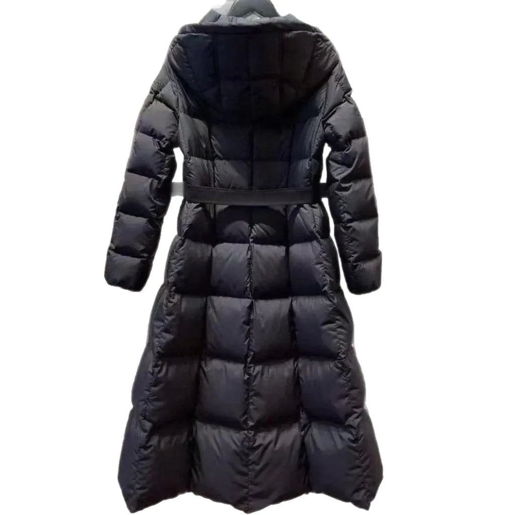 Black hooded down jacket for women, 65cm medium length, viscose fibre, white duck down, sizes 1-4.