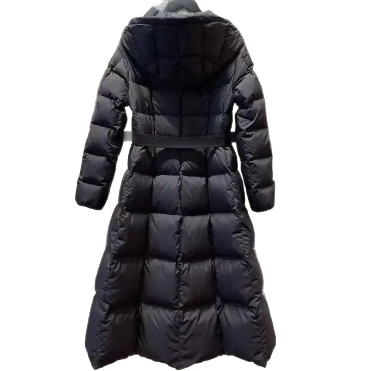 Black hooded down jacket for women, 65cm medium length, viscose fibre, white duck down, sizes 1-4.