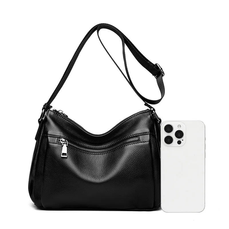 Women's black genuine leather crossbody bag with first layer cowhide, nylon lining, 27x9x22cm, single shoulder strap
