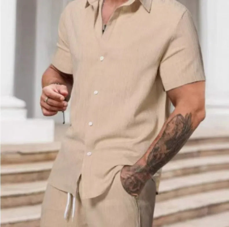 Striped printed casual men's suit comprising a short sleeve shirt and matching shorts in colour YT50313P1.