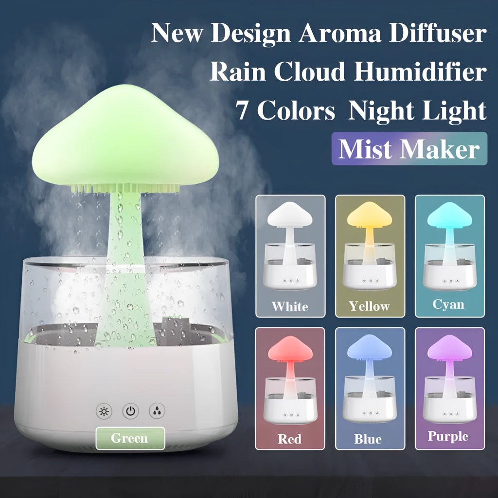 White raining cloud desk humidifier and night light with mushroom lamp design for aromatherapy