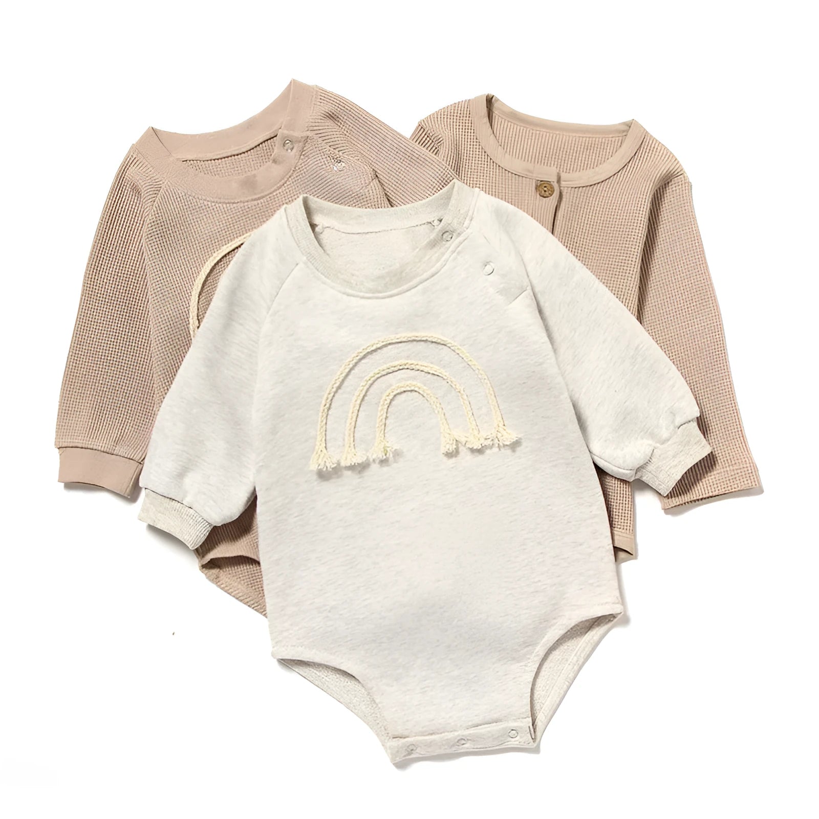 Long sleeve waffle cotton baby romper in triangle climbing style with cotton rope fastening