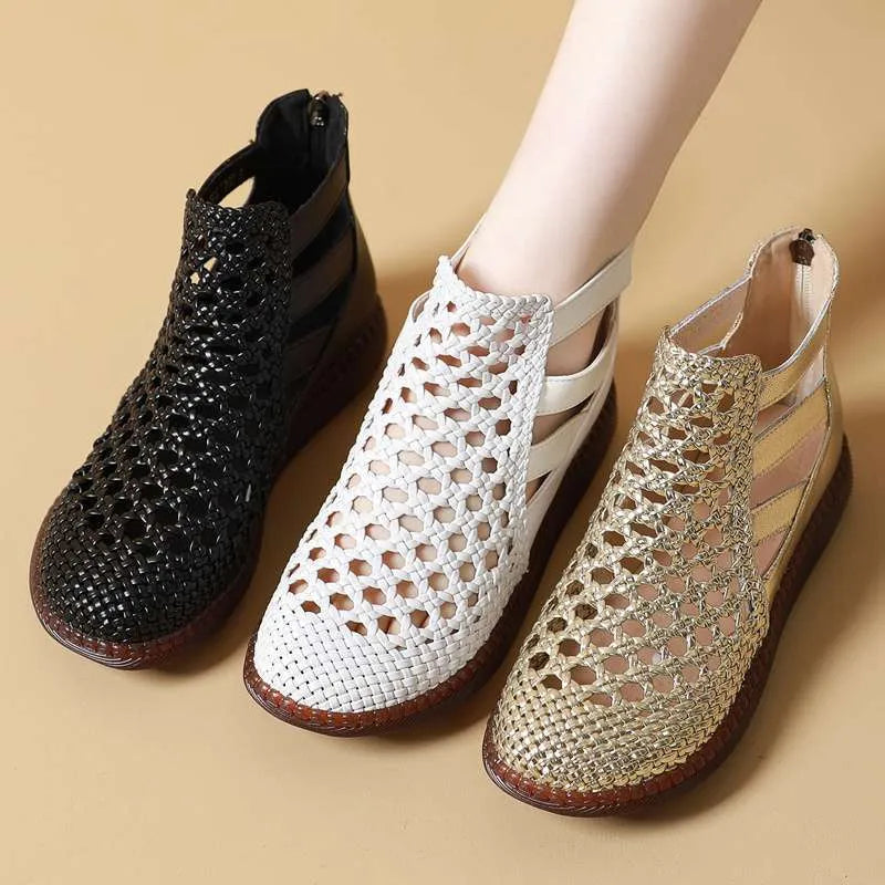 Gold women's sandals with hollow-out design and flat soft soles