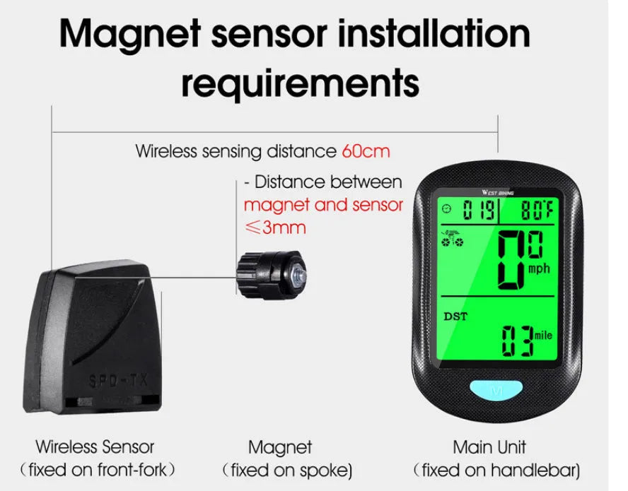 Bicycle wireless stopwatch velometer cycling fixture black ABS speedometer with mount and sensor