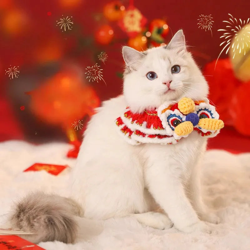 Red New Year pet scarf collar for cats and dogs in Lion Dance Blessing, Nian Beast, Peace and joy, and Red lion styles, sizes S and M.