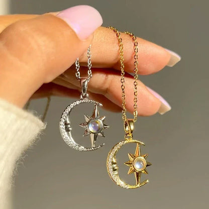 Stunning moon and star zircon pendant necklace in stainless steel with captivating celestial-inspired design