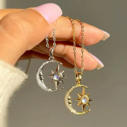 Stunning moon and star zircon pendant necklace in stainless steel with captivating celestial-inspired design