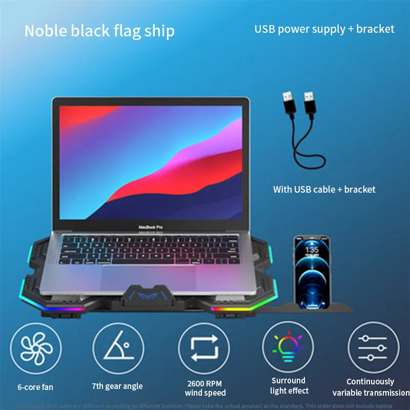 Laptop cooling pad with six fans, RGB light, seven height settings, 399x270x36.6 mm, for 12-21 inch notebooks