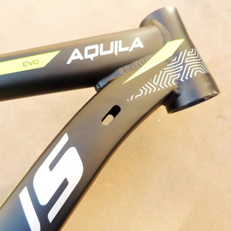 29-inch aluminium mountain bike frame in black green colour with disc brake mounts and internal cable routing