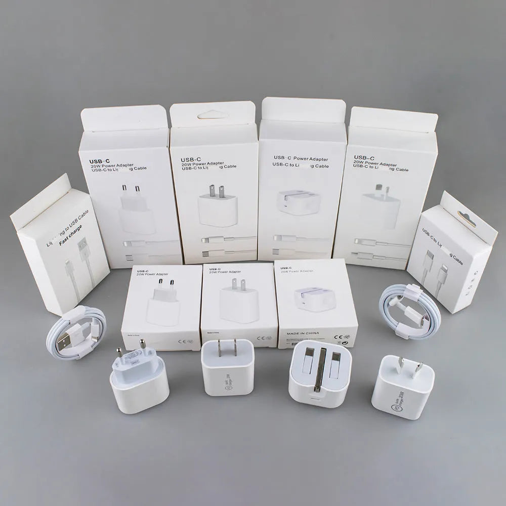 White 20W PD charger with USB-C port and international plug adapters