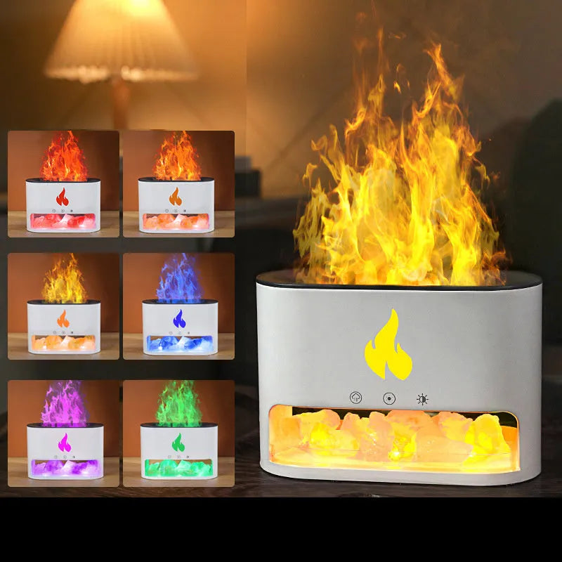 White square desktop humidifier with glowing 3D flame effect and colourful LED lights