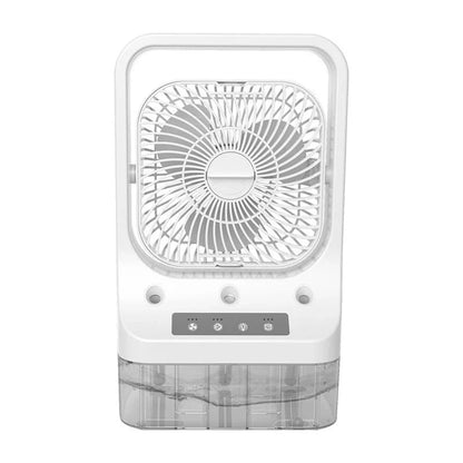 A white USB rechargeable cooling fan with a 270-degree adjustable head for customized airflow and atmosphere-enhancing colorful night lights.