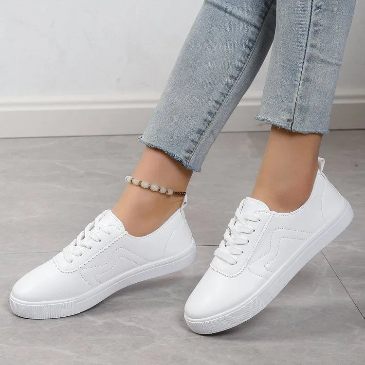 Round toe white lace up casual platform shoes with artificial PU upper and rubber sole
