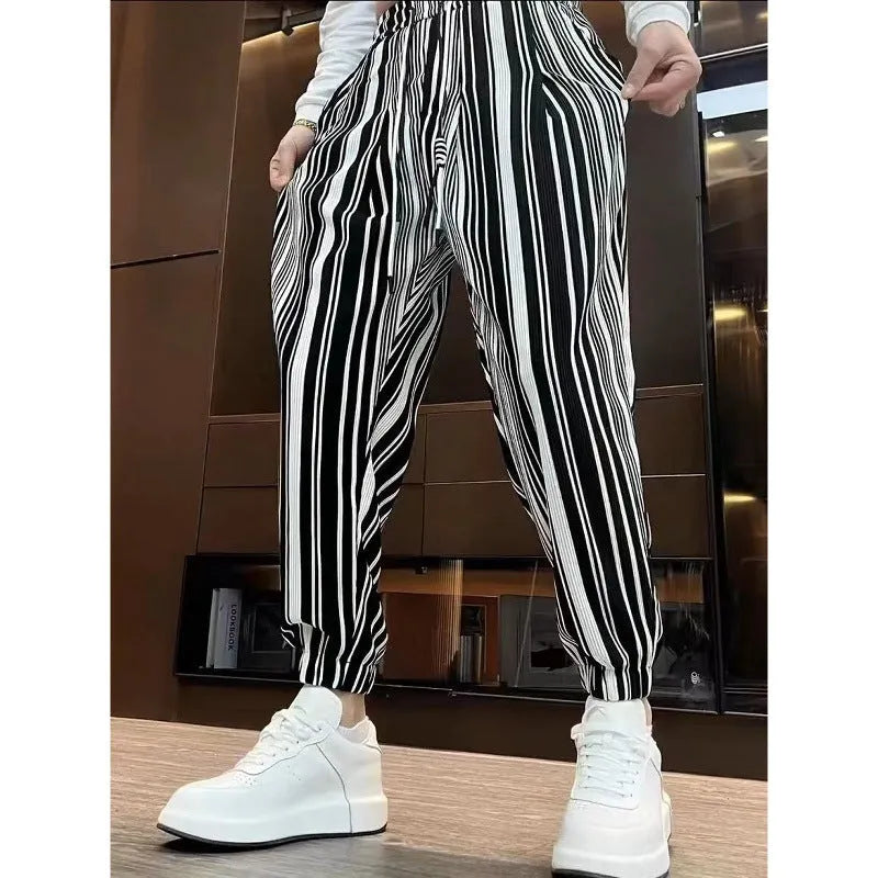Men's striped casual trousers with ankle tie fastening in cropped ice silk design