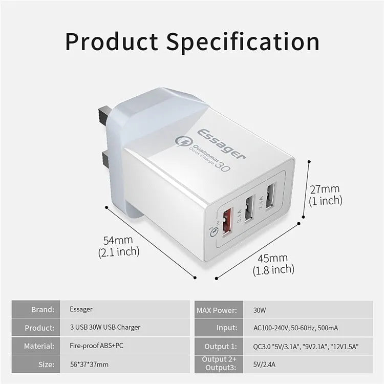 Three-port USB fast charger 30W QC30 mobile phone charger in white or black with EU UK US plug options