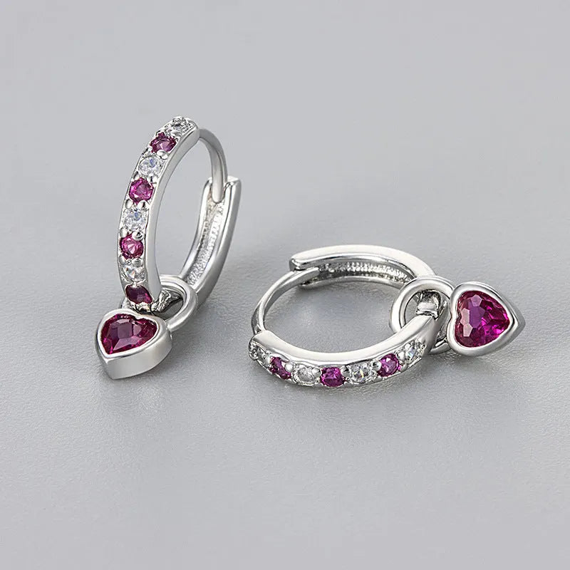 Women's heart-shaped clip earrings with coloured stones in gold or white gold colour settings