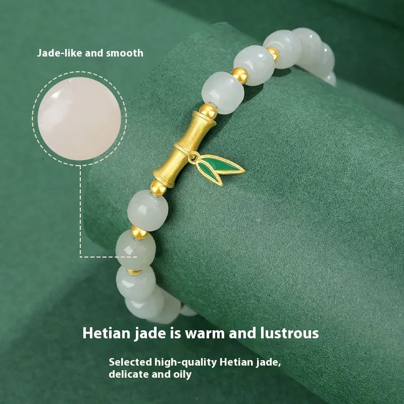 Gold Zhizhu Hetian jade bracelet with 925 silver and 6mm leaf-shaped beads in bamboo design