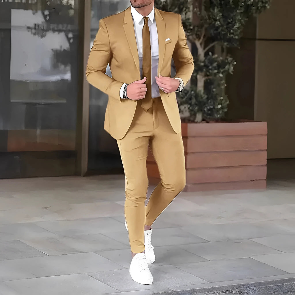 Two-piece slim-fit coat and trousers set in solid colours, polyester cotton blend, sizes M-4XL, spring light business style.