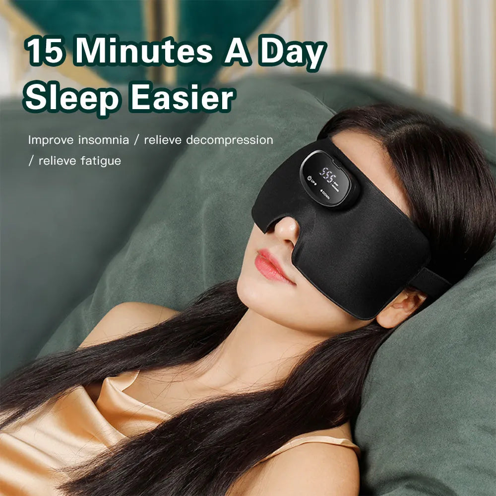 Black sleep aid smart eye mask with EMS massage, polyester and silicone build, rechargeable via USB
